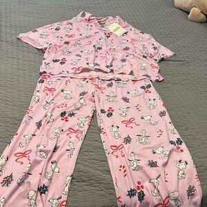 Peanuts Pink Snoopy Holiday Pajama Set with Candy Cane & Holly Print